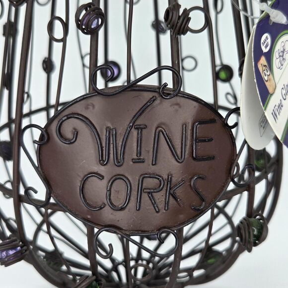Wine Cork Cage Holder Glass Shape Metal Decor Bead Grape Accents Storage Contain - Picture 2 of 10